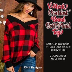 V NECK CONTRAST BAND SOFT PLAID TOP